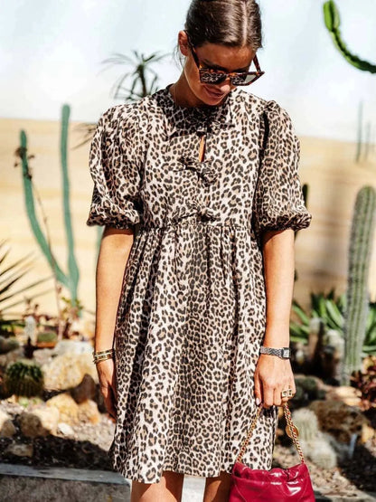 Dames Jurk Luipaardprint Kort Model met Puffmouwen