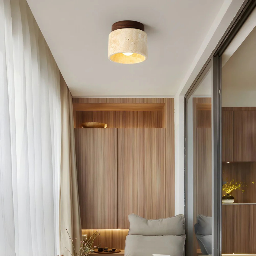 Plafondlamp Travertin Cilinder Met Houten Accent E27 12cm