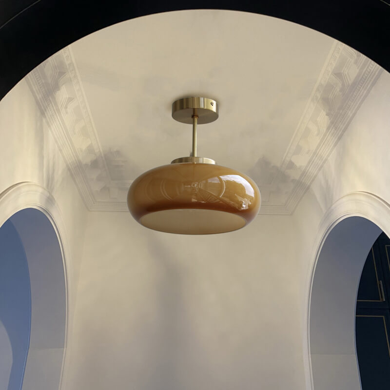 Vintage Plafondlamp van Geel Glas met Messing | Semi-Flush LED Plafondverlichting