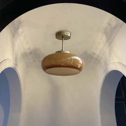 Vintage Plafondlamp van Geel Glas met Messing | Semi-Flush LED Plafondverlichting