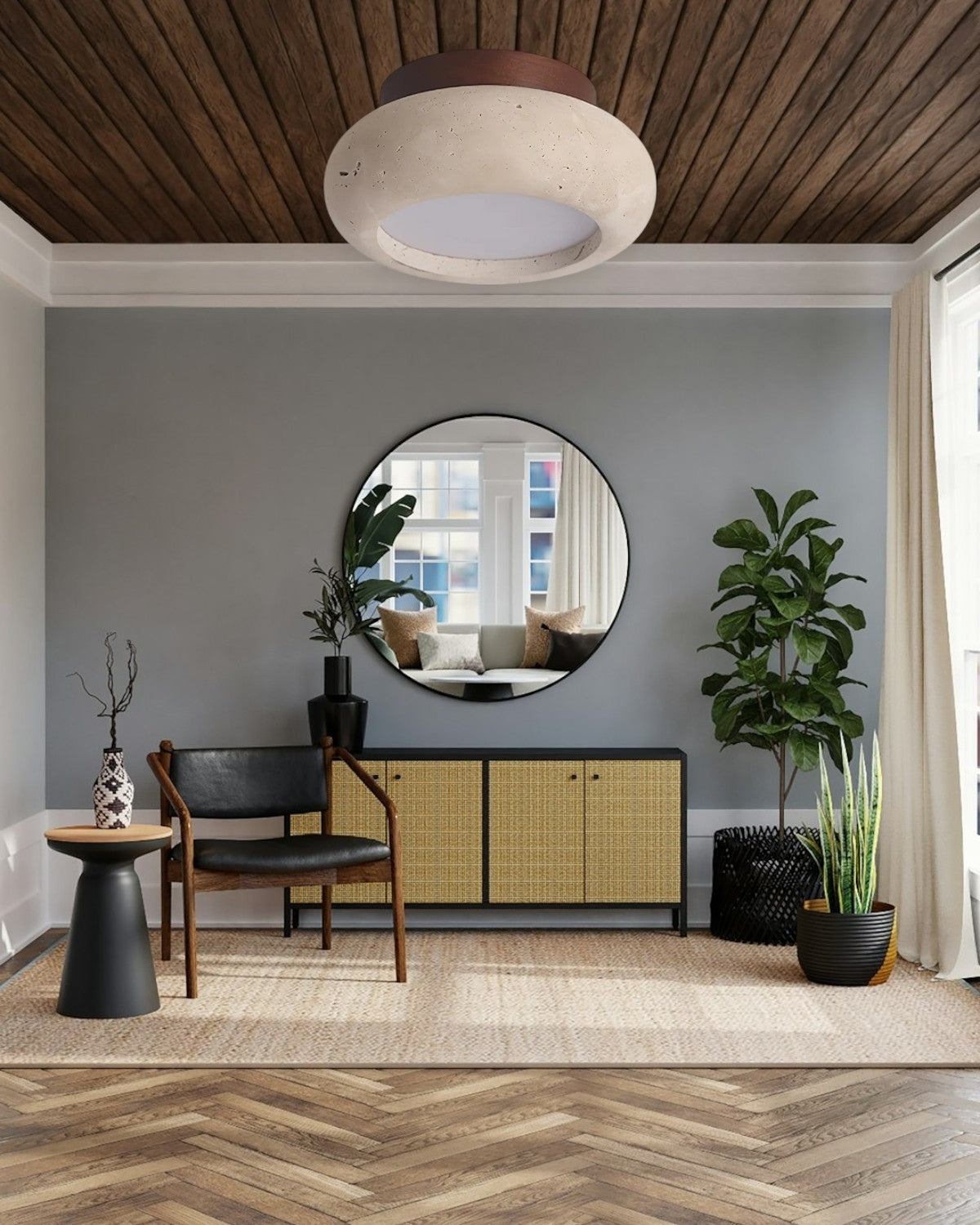 Plafondlamp acryl natuurtinten walnoot beige woonkamer slaapkamer gang warm licht diffuus elegant Scandinavisch design modern minimalisme interieur verlichting