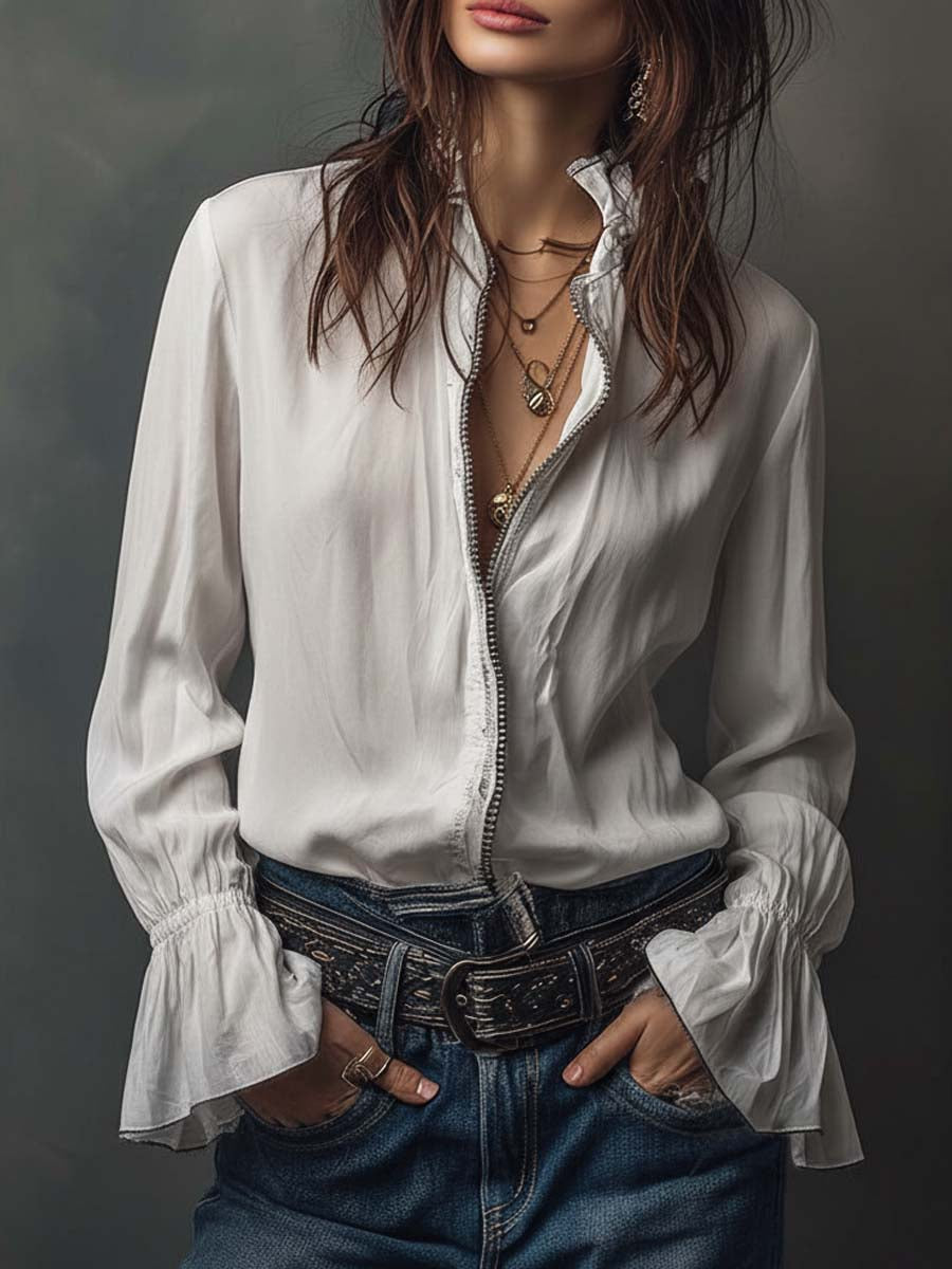 Dames Blouse Wit met Volant Mouwen en Ritssluiting - StudioMarella