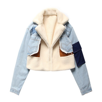 Denim Sherpa Jas Kort Warm Fleece Binnenwerk