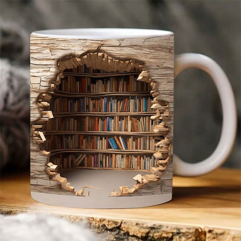 Keramische Mok met 3D-Boekenplankdesign – Gezellige Mokken voor Boekenliefhebbers