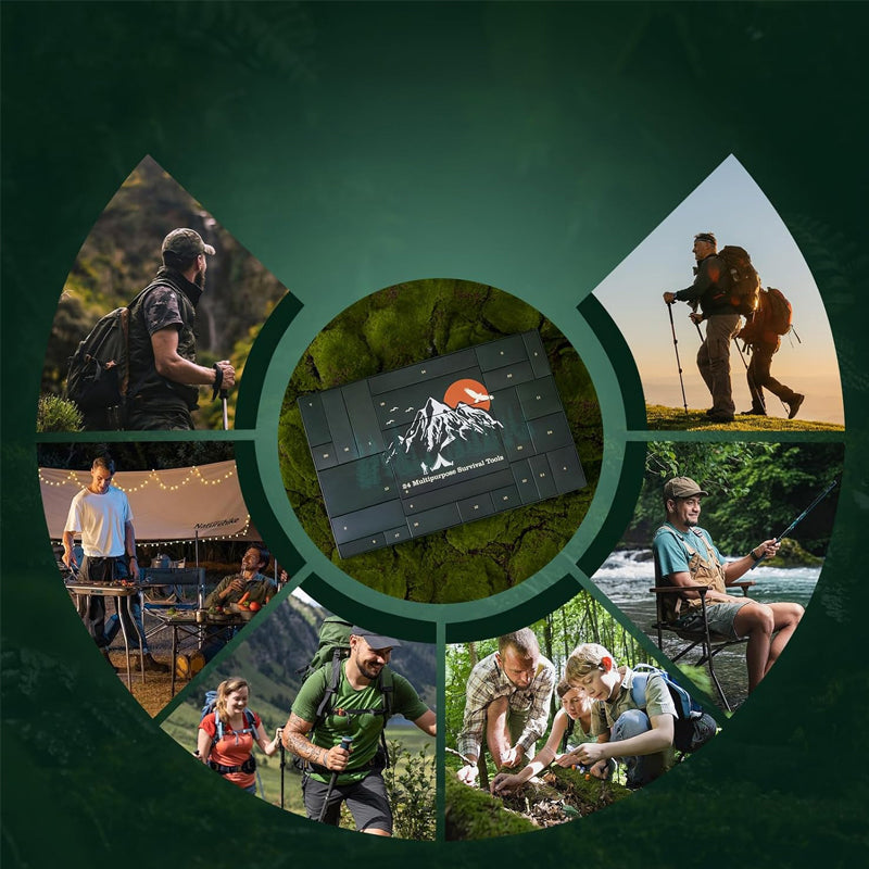 Outdoor Survival Adventskalender 24 Dagen – Compleet Overlevingsset met Gadgets en Gereedschap voor Avonturiers