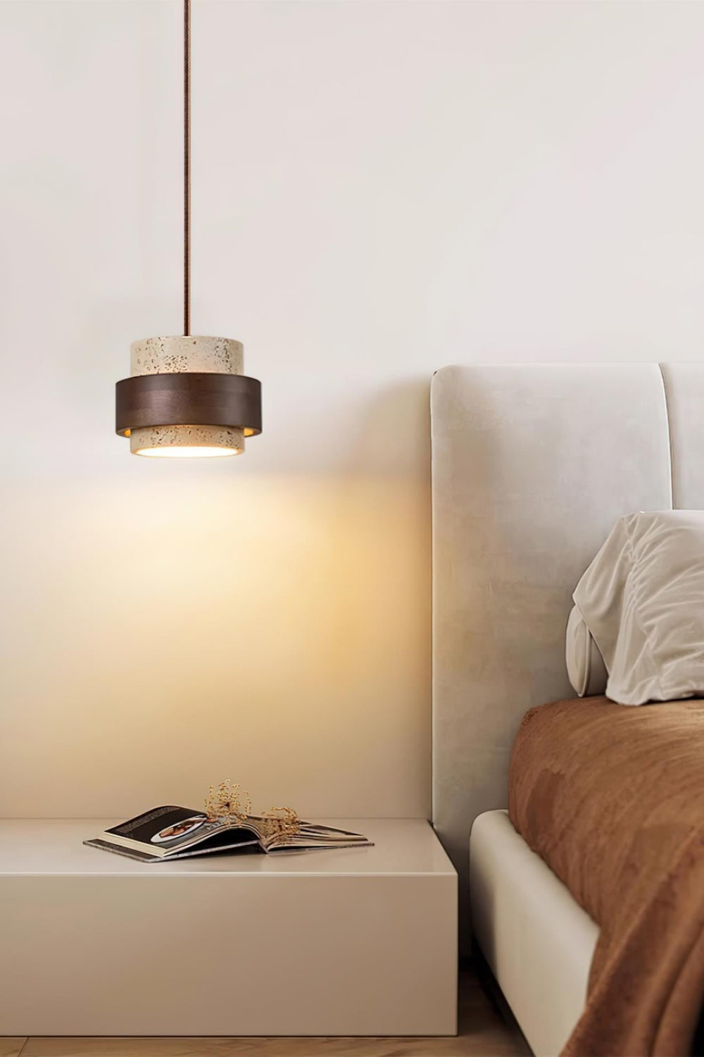 Houten Hanglamp met Travertijn Afwerking – Organische Lichtbron Eetkamer Woonkamer