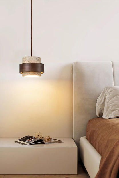 Houten Hanglamp met Travertijn Afwerking – Organische Lichtbron Eetkamer Woonkamer