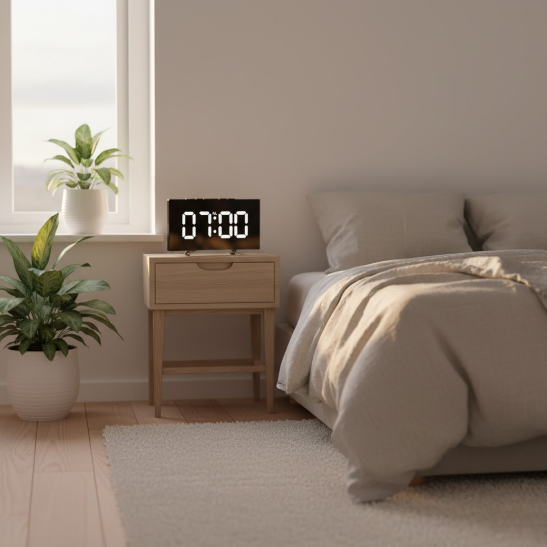 Digitale LED Wekker met Gebogen Display – Automatische Lichtregeling & Groot Scherm