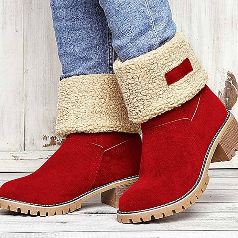 Winterlaarzen Dames met Lage Blokhak Comfortabel Antislip Warme Voering Stretch Zwart Groen Rood Elegante Laarzen