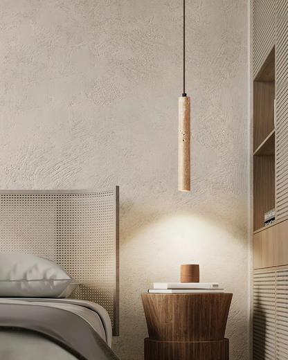 Natuurlijke travertin hanglamp met cilindervormig design voor eetkamer en hal – Japandi natuursteen verlichting