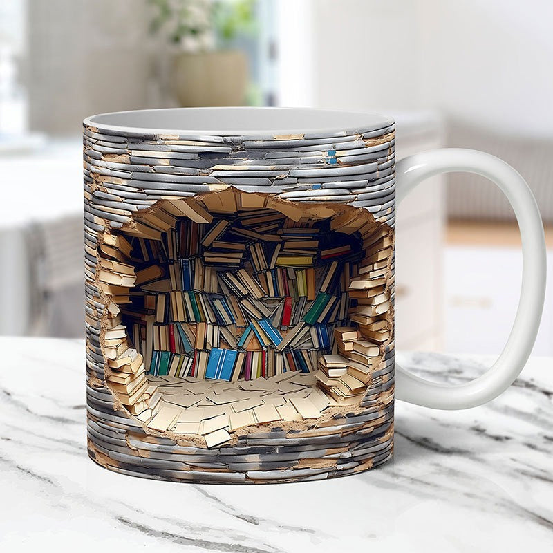 Keramische Mok met 3D-Boekenplankdesign – Gezellige Mokken voor Boekenliefhebbers