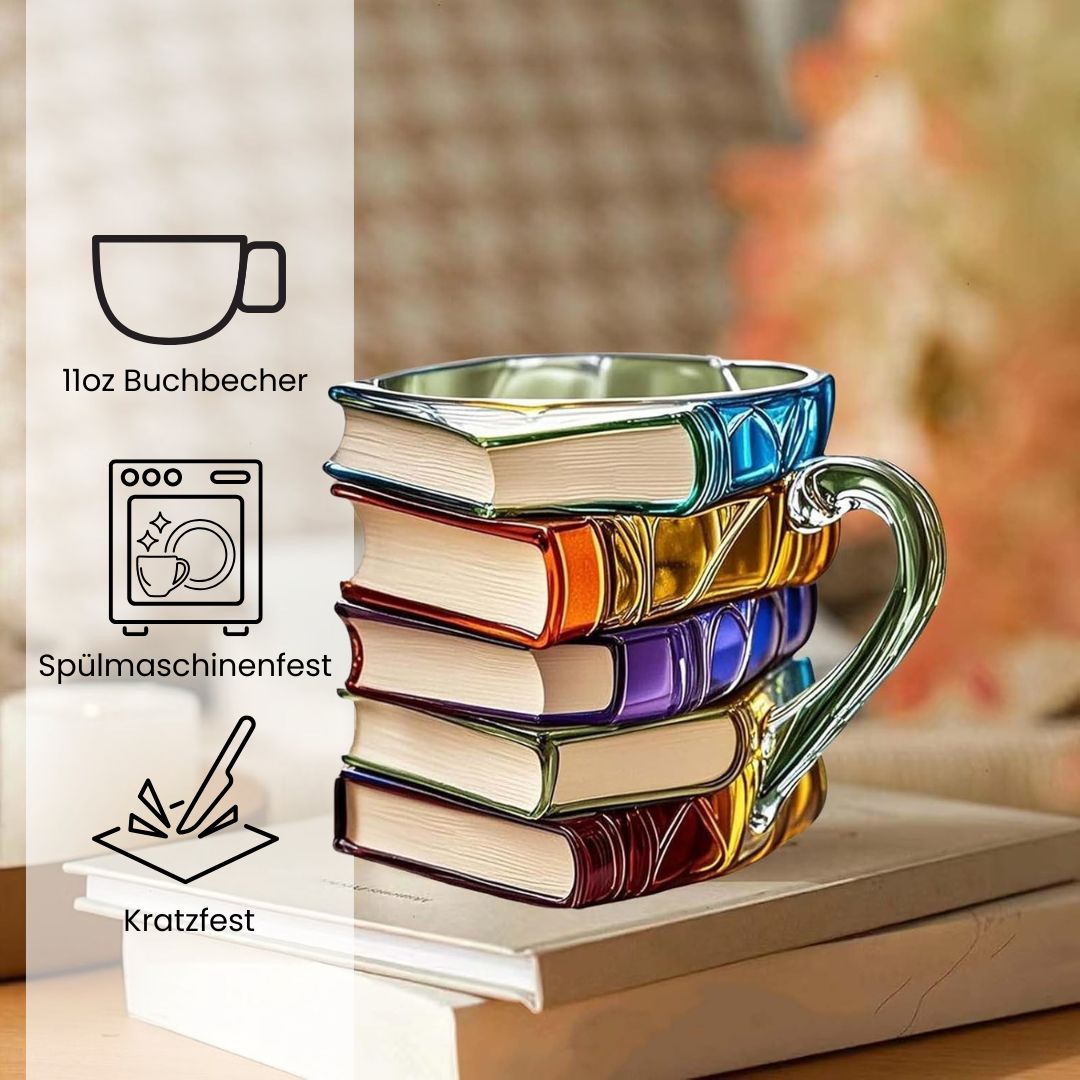 Handgemaakte 3D Boekenmok met Reliëf – Boekenliefhebber Cadeau – Dikwandig Glas – Koffie Thee Beker – Gedetailleerde Boekenruggen