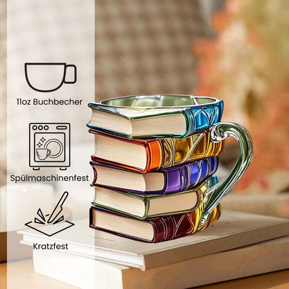 Handgemaakte 3D Boekenmok met Reliëf – Boekenliefhebber Cadeau – Dikwandig Glas – Koffie Thee Beker – Gedetailleerde Boekenruggen