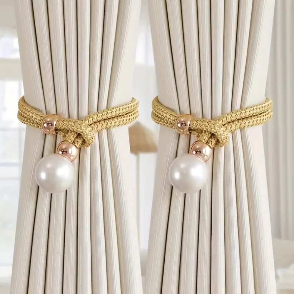 Decoratieve Gordijnomarmers met Parelaccent – Set van 2 Stuks – Verstelbare Touwhouders voor Woonkamer Slaapkamer – Elegante Raamversiering