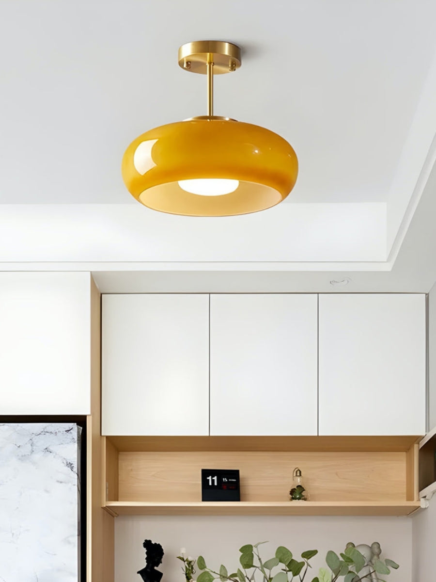 Plafondlamp Glazen Schijf Bauhaus Design Messing of Chroom Oranjegeel of Wit Glas Retro Stijlvolle Verlichting