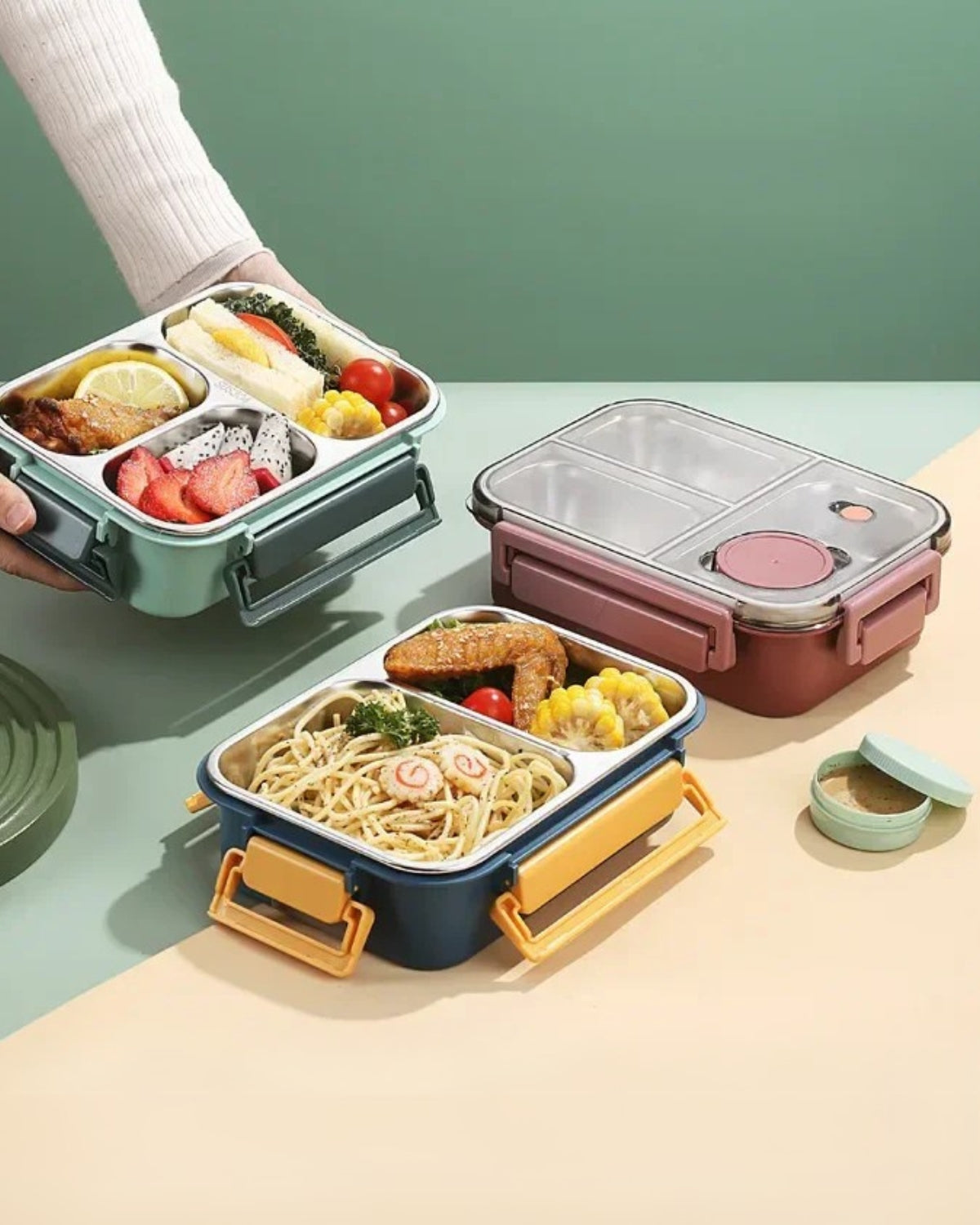 Geïsoleerde Lunchbox met Compartimenten - Warmhoudbakje voor Onderweg Groen Rood Blauw 2 of 3 Vakken - Premium Maaltijdcontainer Werk School Picknick