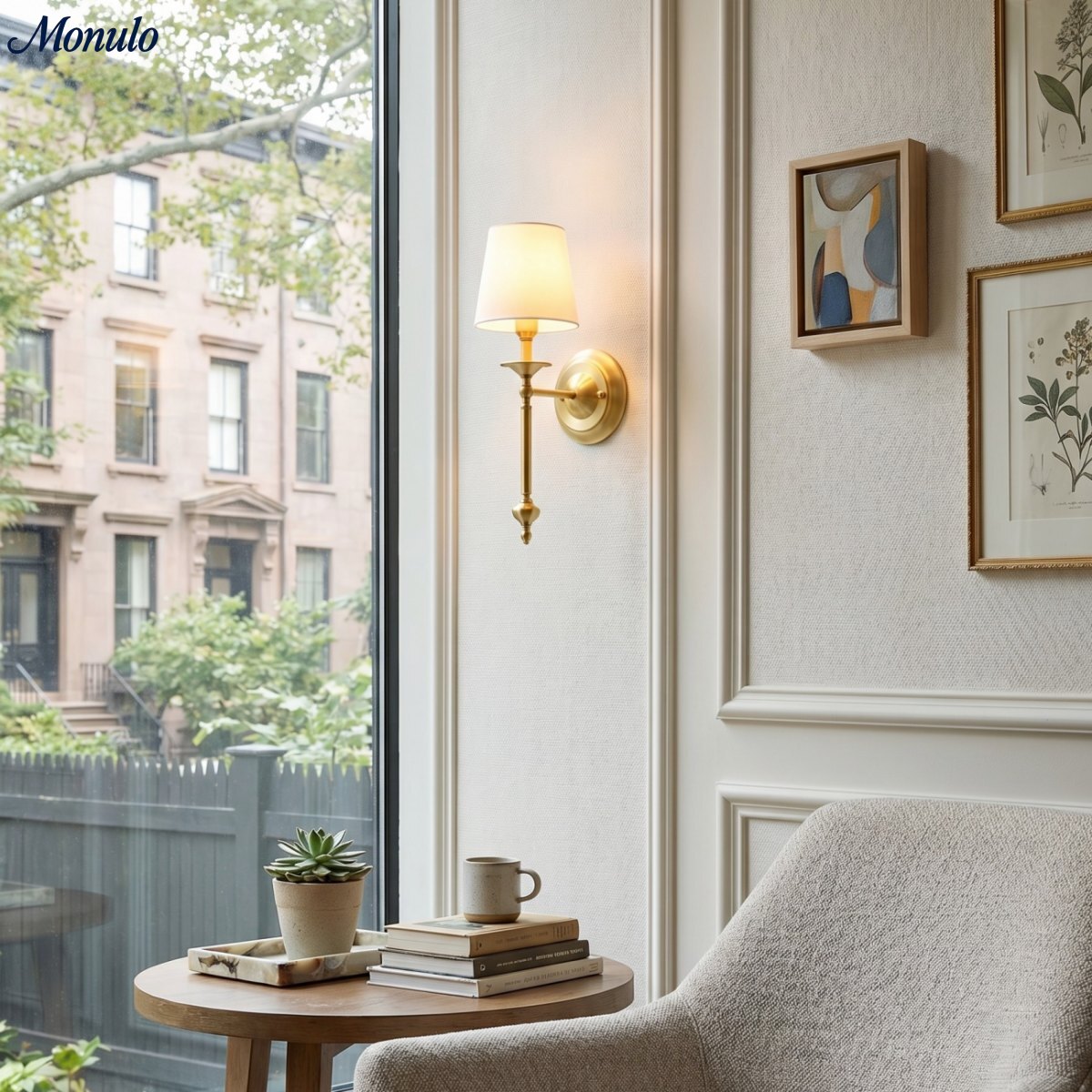 Stoffen Wandlamp met Vintage Koperen Afwerking – Sfeervolle Verlichting voor Hal, Slaapkamer en Woonkamer