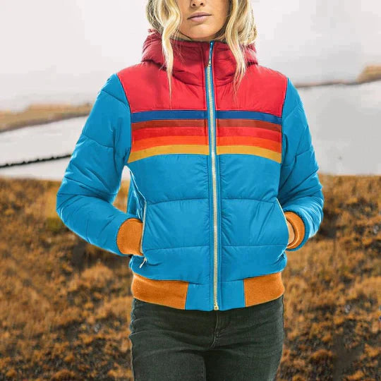 Dames Pufferjas Warm en Stijlvol – Retro Winterjas Colorblock