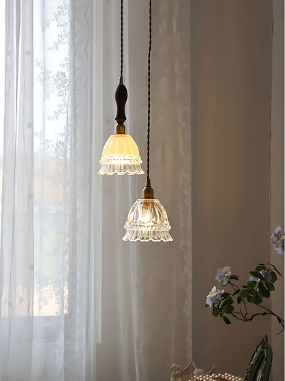 Franse Landelijke Hanglamp Glazen Kap Kwallen Design Transparant of Amber met Walnoot Greep Sfeerverlichting Eetkamer Elegante Plafondlamp