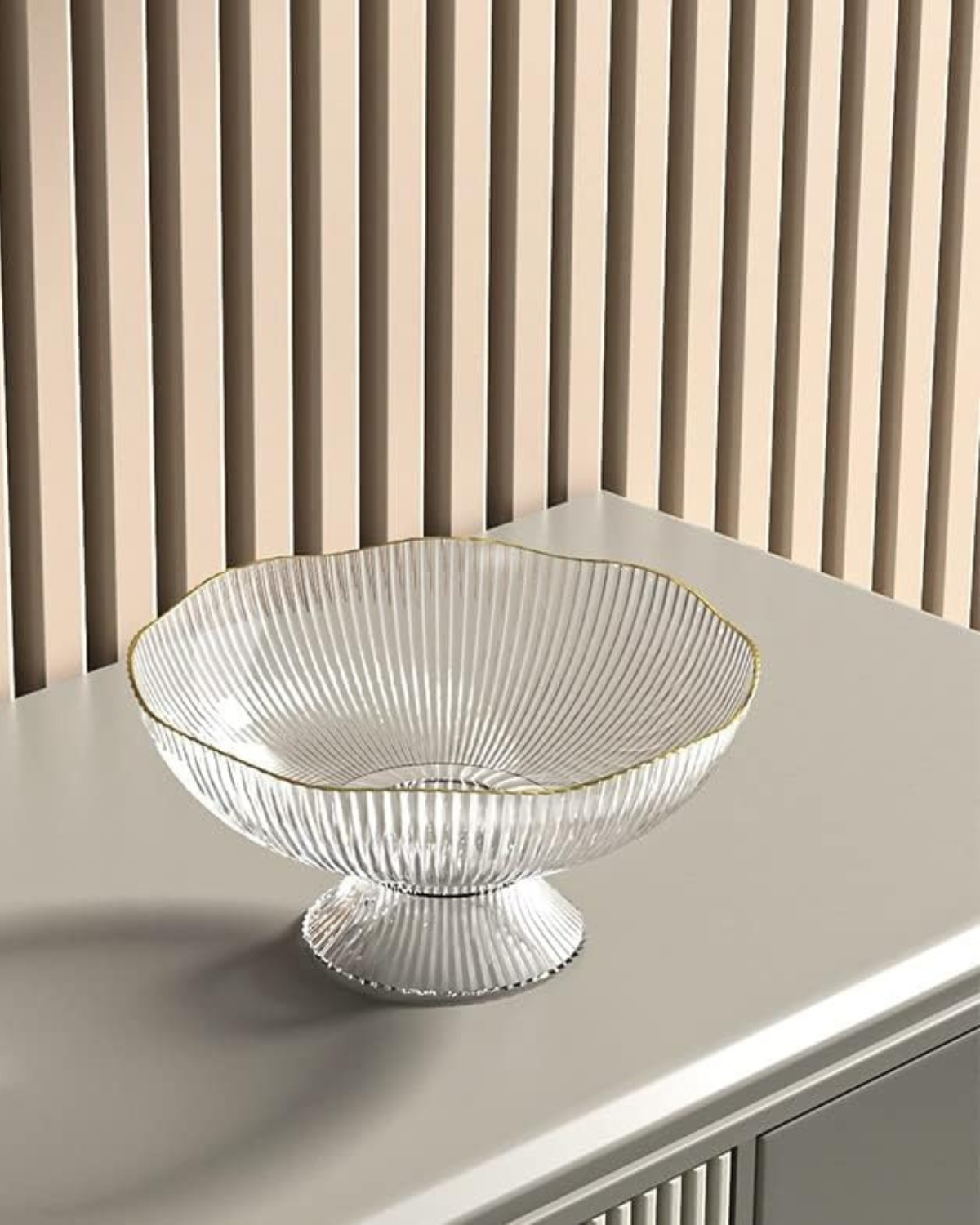 Fruitschaal op Voet met Goudrand Geribbeld Keramiek Transparant Groen Grijs voor Tafelcenterpiece Interieur