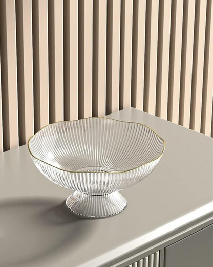 Fruitschaal op Voet met Goudrand Geribbeld Keramiek Transparant Groen Grijs voor Tafelcenterpiece Interieur
