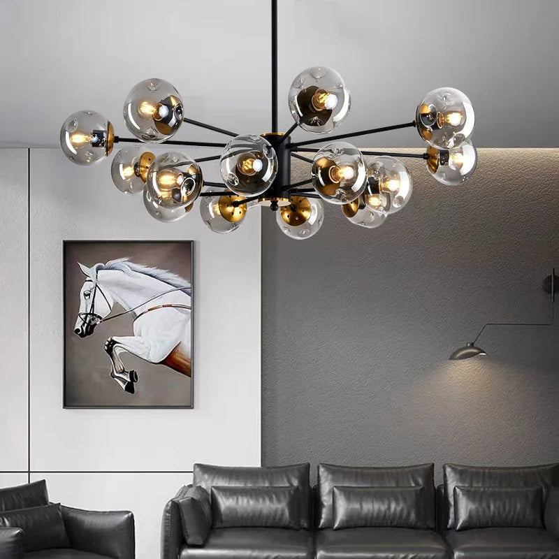 Scandinavische kroonluchter Ida glas ijzer zwart woonkamer eetkamer moderne hanglamp design verlichting bolvormig