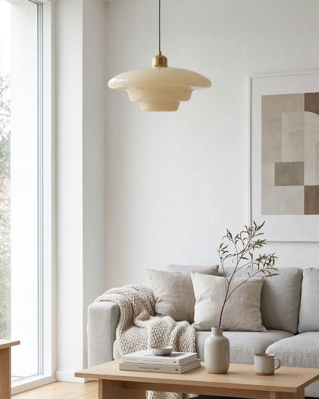 TINA Hanglamp – Mid-Century Melkwit Glas met Geborsteld Messing | Moderne Eetkamer & Keukenverlichting | Verstelbaar | E27 Fitting