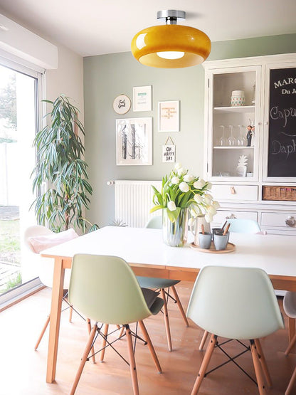 Plafondlamp Glazen Schijf Bauhaus Design Messing of Chroom Oranjegeel of Wit Glas Retro Stijlvolle Verlichting