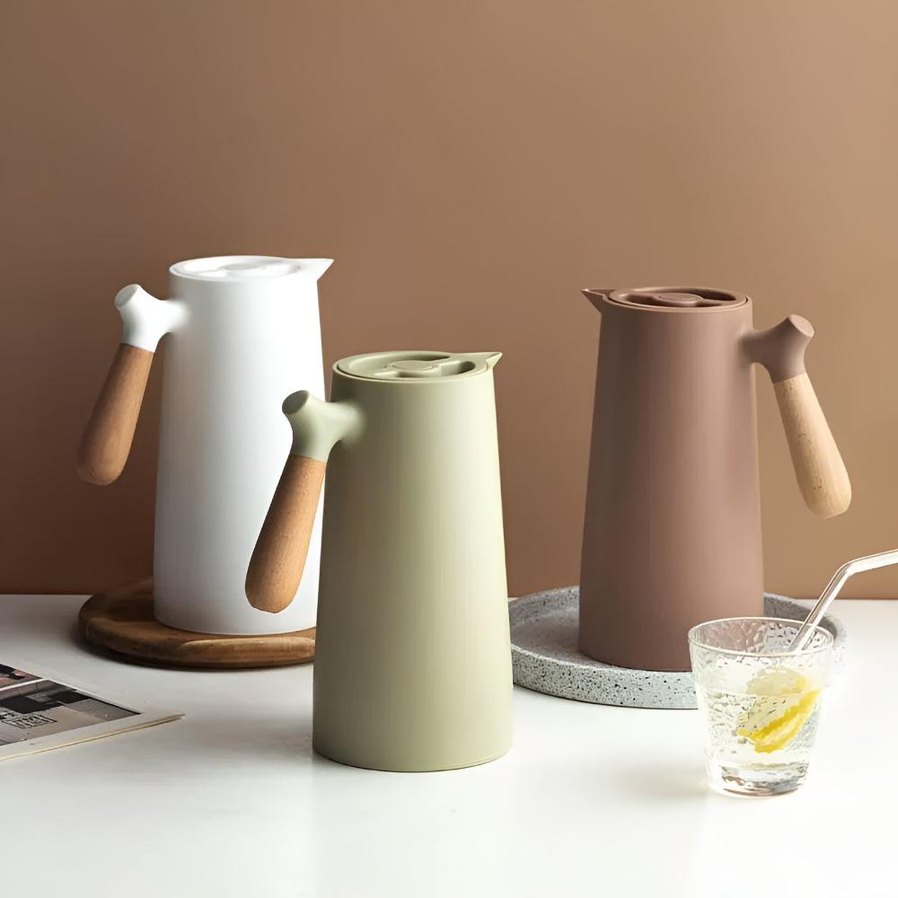 Thermoskan 1L RVS Houten Handvat Beige Keuken Koffie Thee Geïsoleerde Karaf Dubbelwandig Lekvrij Design Karaf Scandinavisch