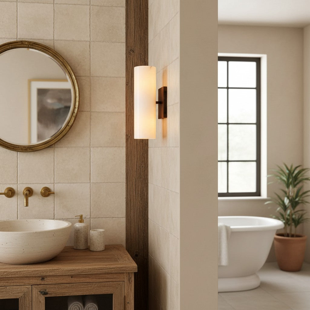 Albast Wandlamp Messing 33 cm Cilinder Verticaal of Horizontaal Monteren Dimbaar