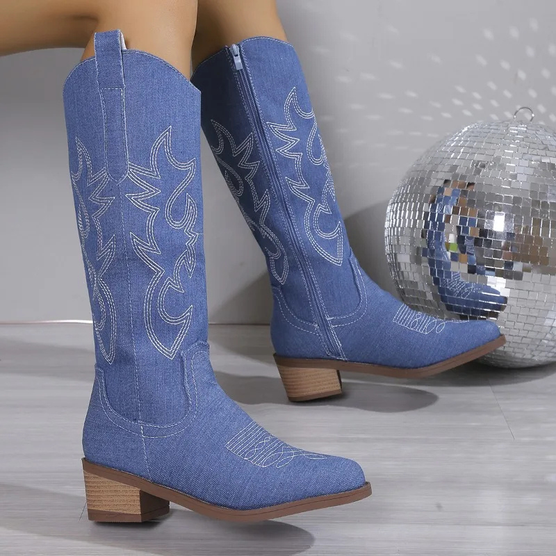 Vrouwelijke Blauwe Denim Laarzen Western Stijl