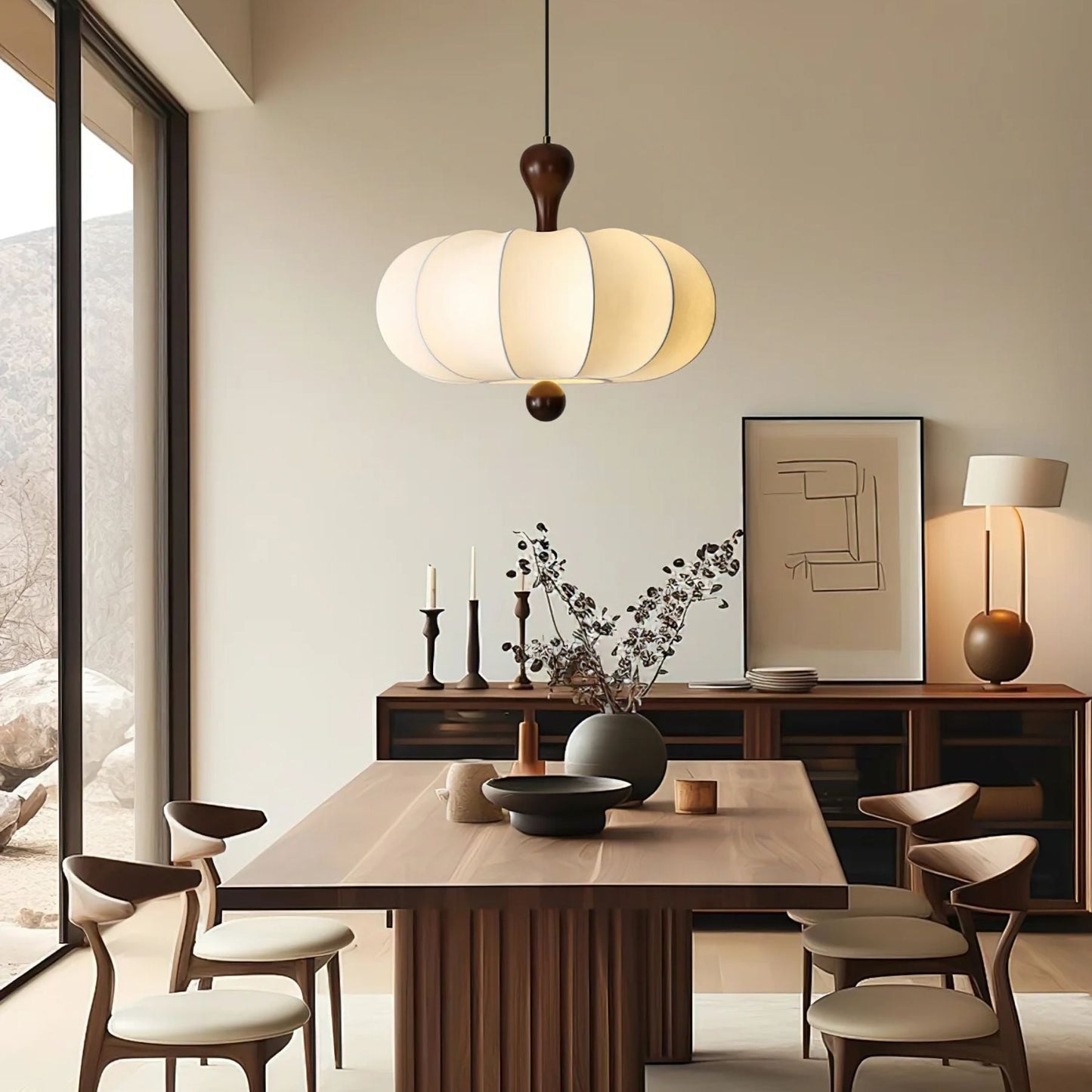 Hanglamp Stof Walnoothout Wit Eettafel Woonkamer Japandi Hanglamp Stoffen Lampionlamp Hal