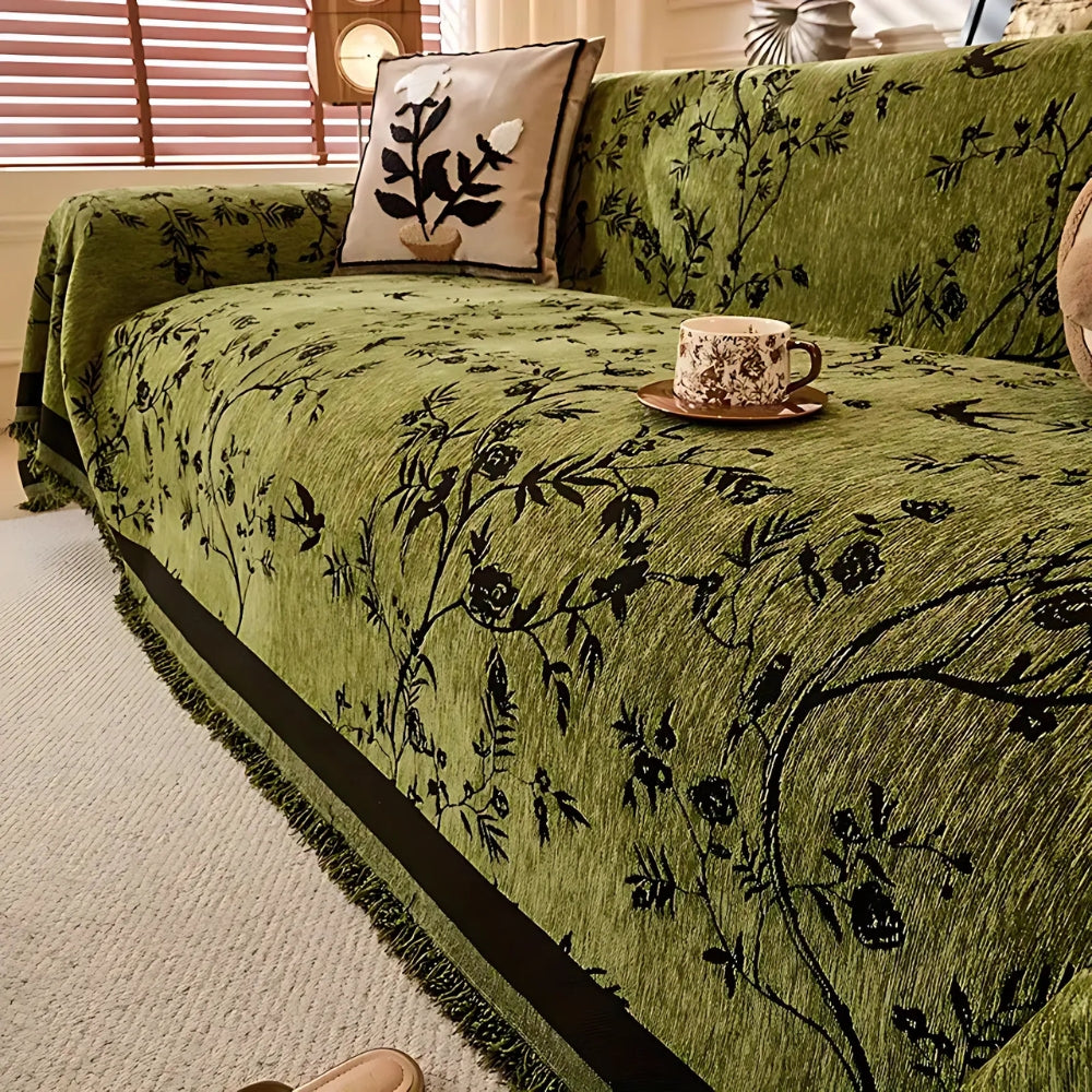 Premium Chenille Bankdeken met Bloemdessin en Kwastjes – Comfortabele Sofahoes voor Woonkamer en Lounge