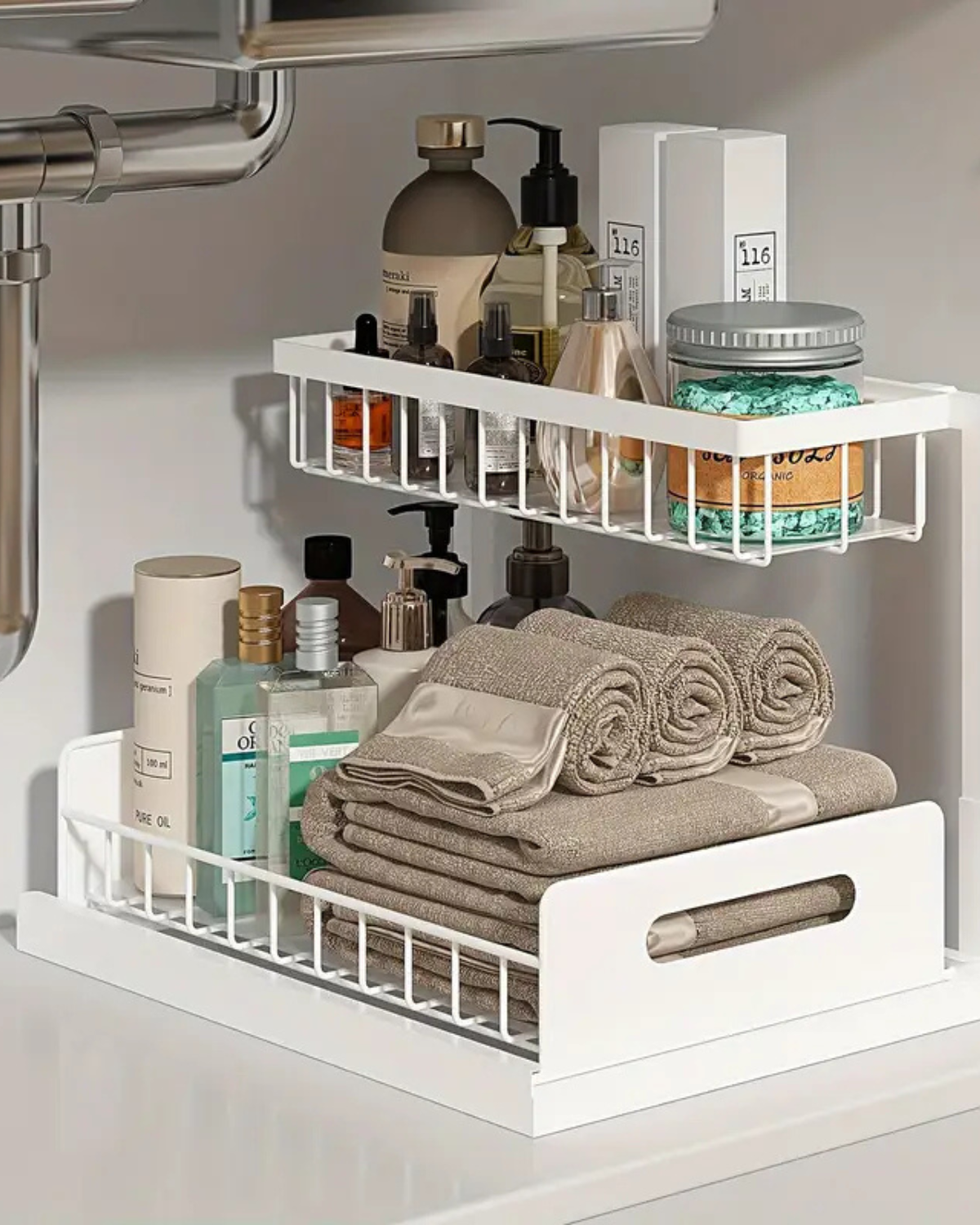 Uitschuifbare Kast Organizer Onder Wastafel Zwart Wit Twee Niveaus Keuken Badkamer Opbergsysteem Schoonmaakspullen Toiletartikelen
