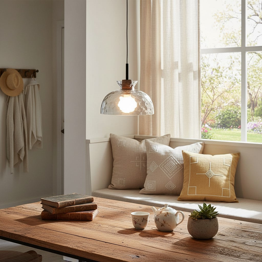 Glazen Hanglamp met Geslepen Koepel en Houten Accenten – Rustieke Eethoekverlichting