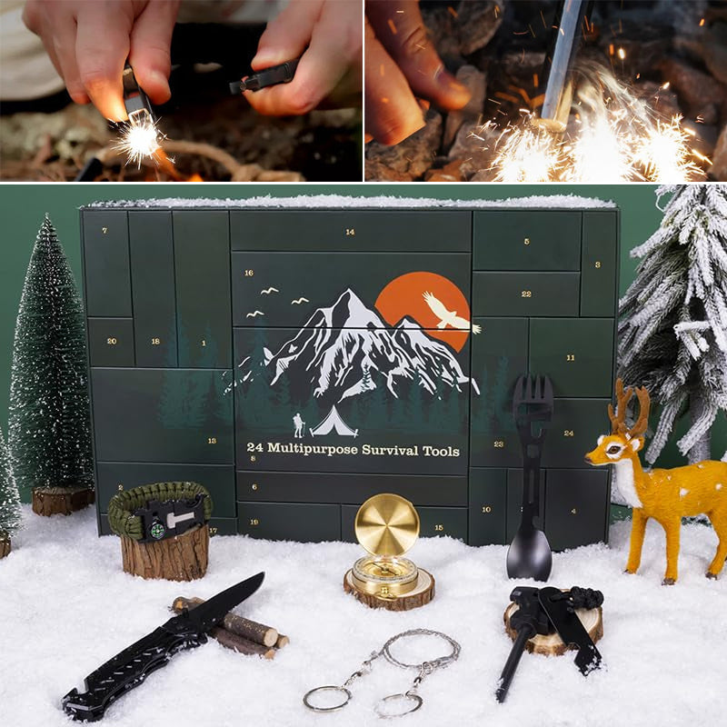 Outdoor Survival Adventskalender 24 Dagen – Compleet Overlevingsset met Gadgets en Gereedschap voor Avonturiers