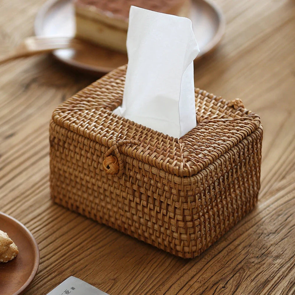 Handgevlochten Rattan Tissuebox met Deksel – Natuurlijke Opbergbox voor Tissues Woonkamer Slaapkamer Kantoor