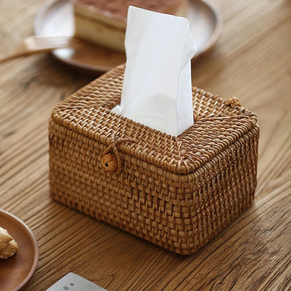 Handgevlochten Rattan Tissuebox met Deksel – Natuurlijke Opbergbox voor Tissues Woonkamer Slaapkamer Kantoor
