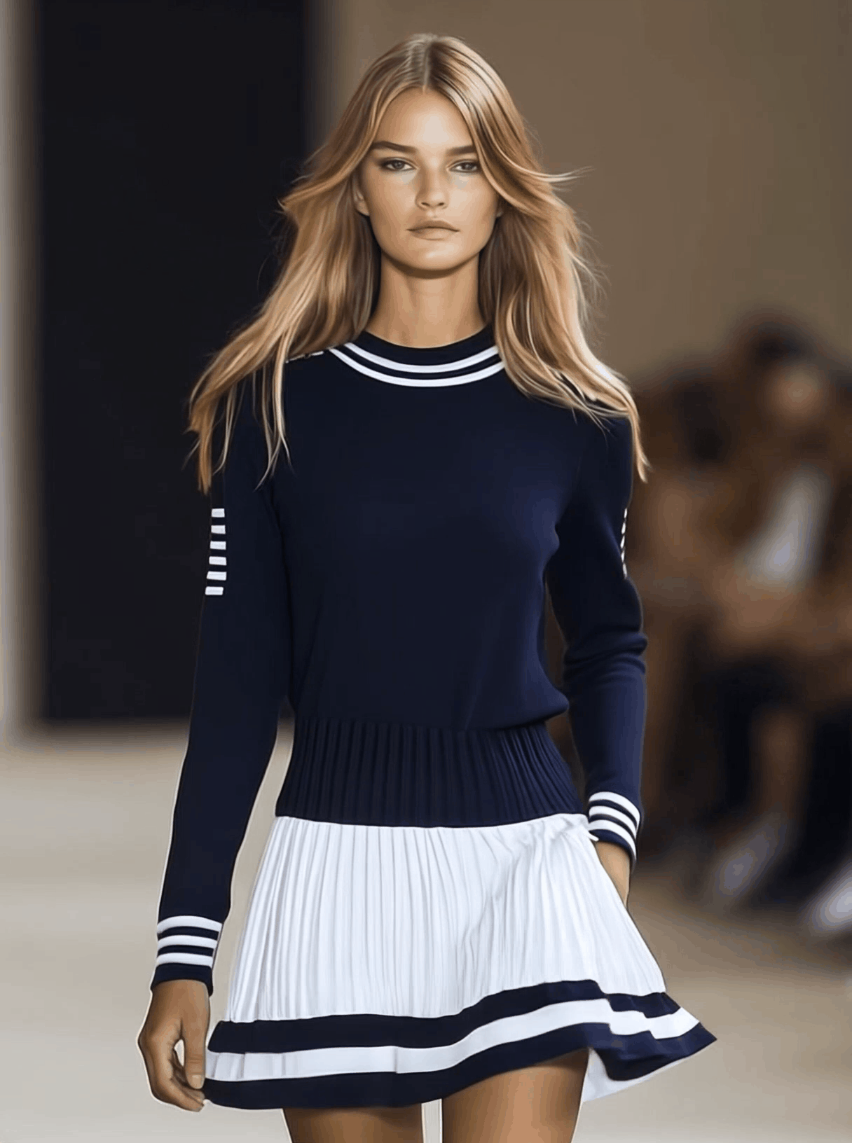 Dames Sportieve Jurk Marineblauw Wit Ronde Hals