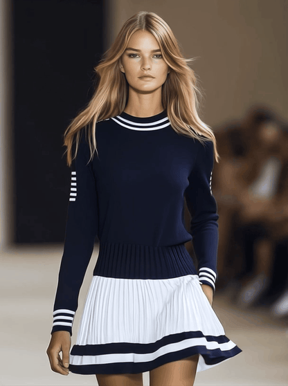 Dames Sportieve Mini Jurk Marineblauw en Wit Ronde Hals