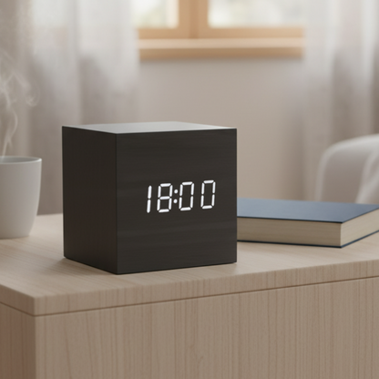 Digitale Wekker met LED-Lichtsensor en Stemactivatie – Compacte Kubusvorm met Multifunctioneel Display