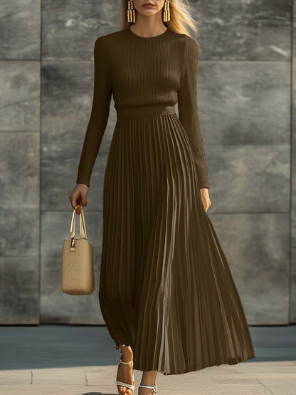 Dames Maxi Jurk met Gebreide Top en Geplooide Satijnen Rok