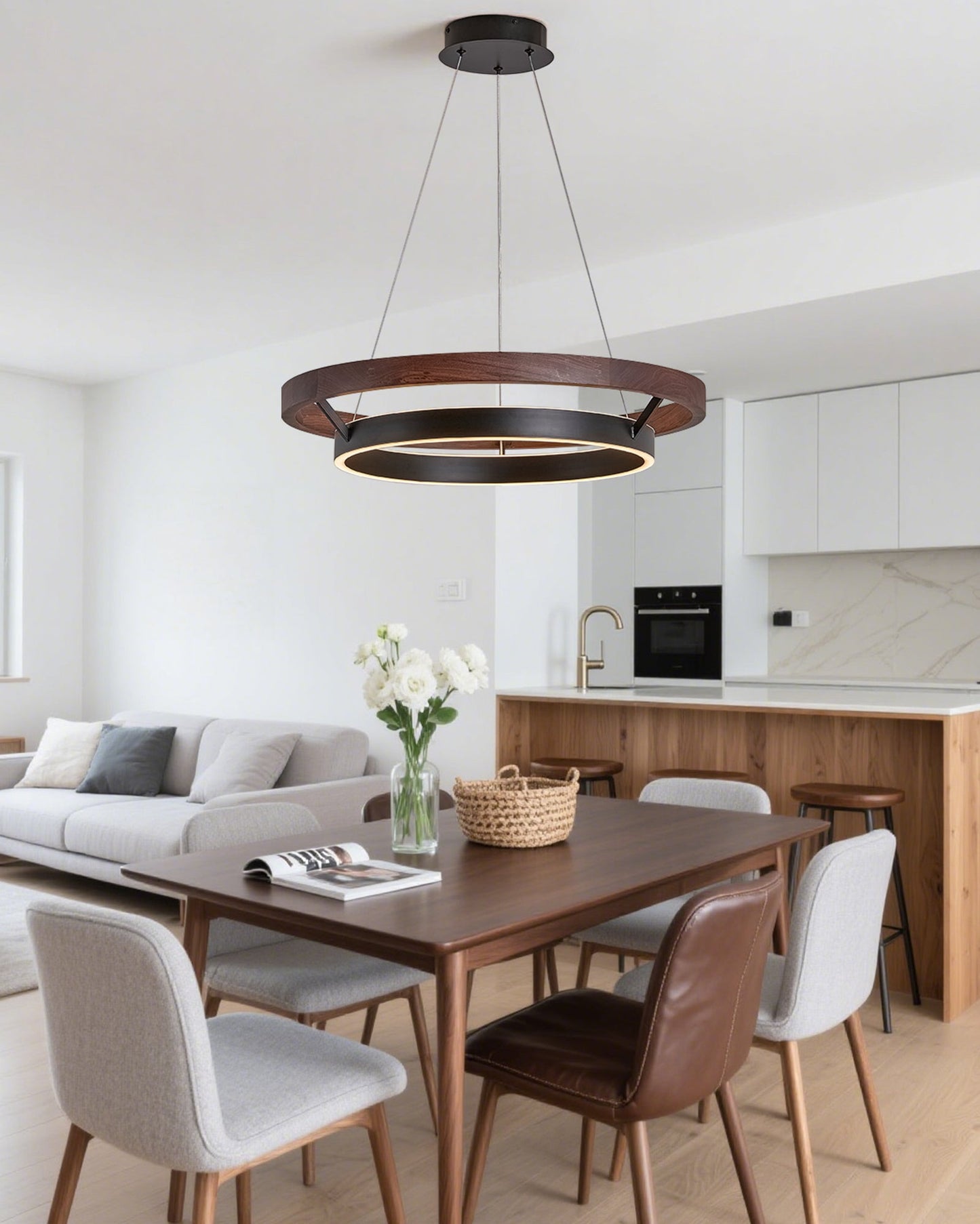 Houten Ringkroonluchter LED Ingebouwd Warm Wit Dimbaar Eetkamer Woonkamer Plafondlamp Modern Farmhouse