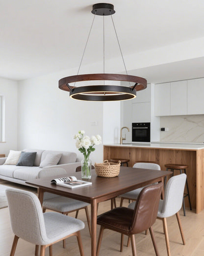 Houten Ringkroonluchter LED Ingebouwd Warm Wit Dimbaar Eetkamer Woonkamer Plafondlamp Modern Farmhouse