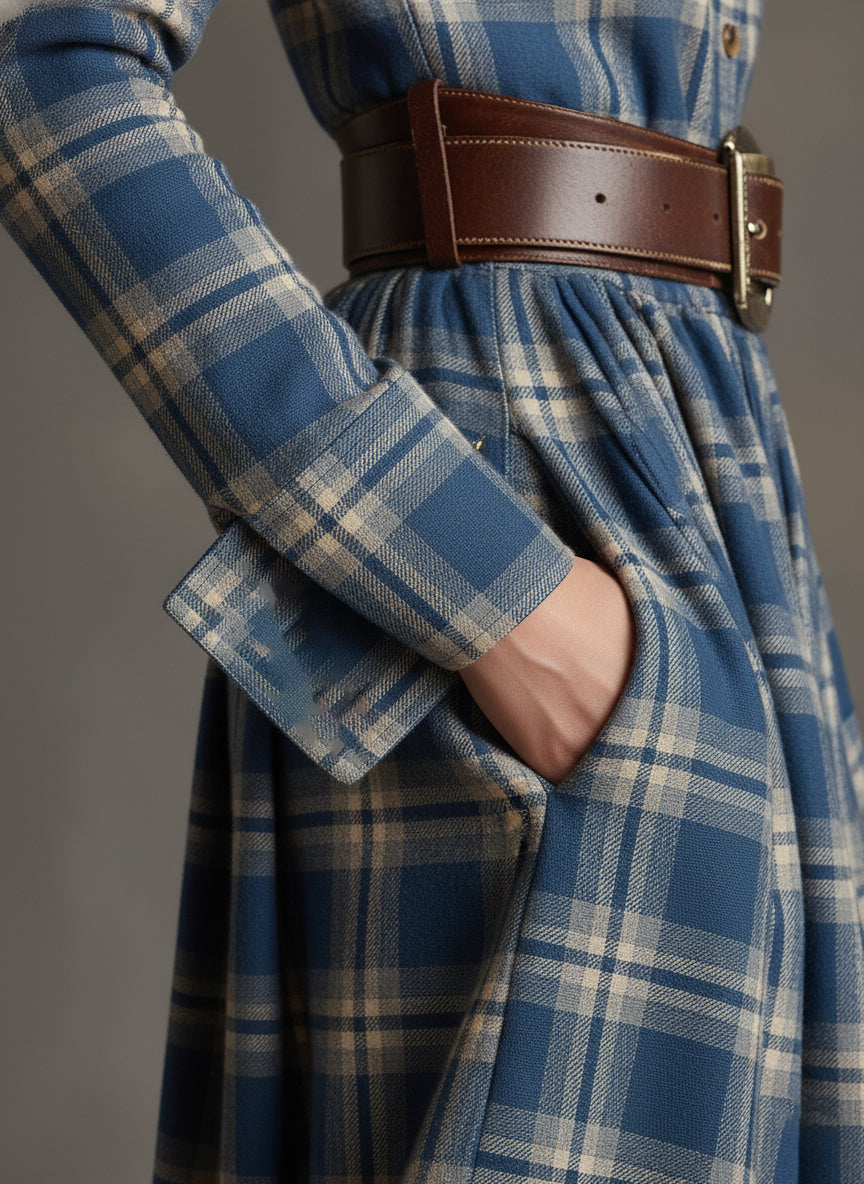 Dames Maxi Jurk Roodbruin Ruitpatroon met Ceintuur