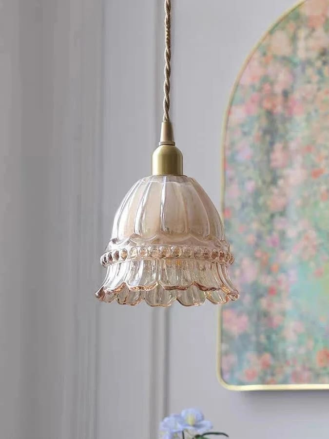 Franse Landelijke Hanglamp Glazen Kap Kwallen Design Transparant of Amber met Walnoot Greep Sfeerverlichting Eetkamer Elegante Plafondlamp