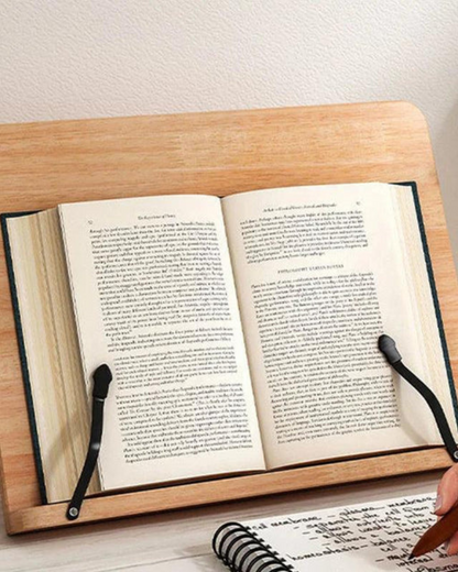Verstelbare Boeken- en Tablethouder van Natuurlijk Hout met Metalen Paginavasthouders voor Lezen Studeren Koken