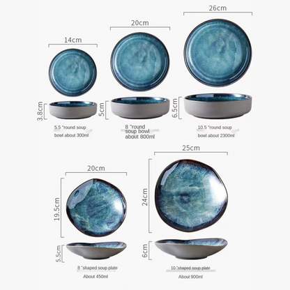Turquoise Serviesset 11-Delig Porselein Handgemaakt Geglazuurd Ontbijtset Dinerbord Dessertbord Schaaltje Complete Tafel Eetkamer Coastal Tableware