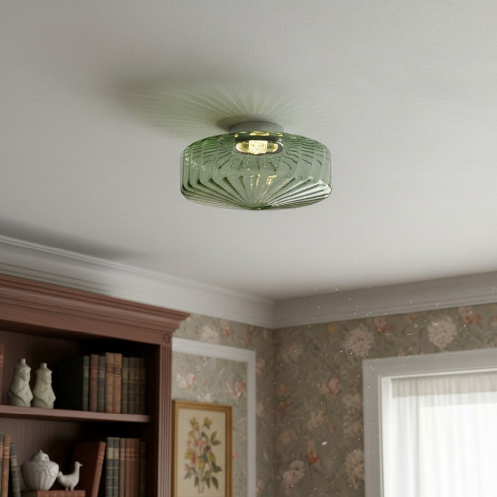 Vintage Geribbeld Glazen Plafondlamp Groen – Klassieke Verlichting voor Eetkamer, Entree & Gang