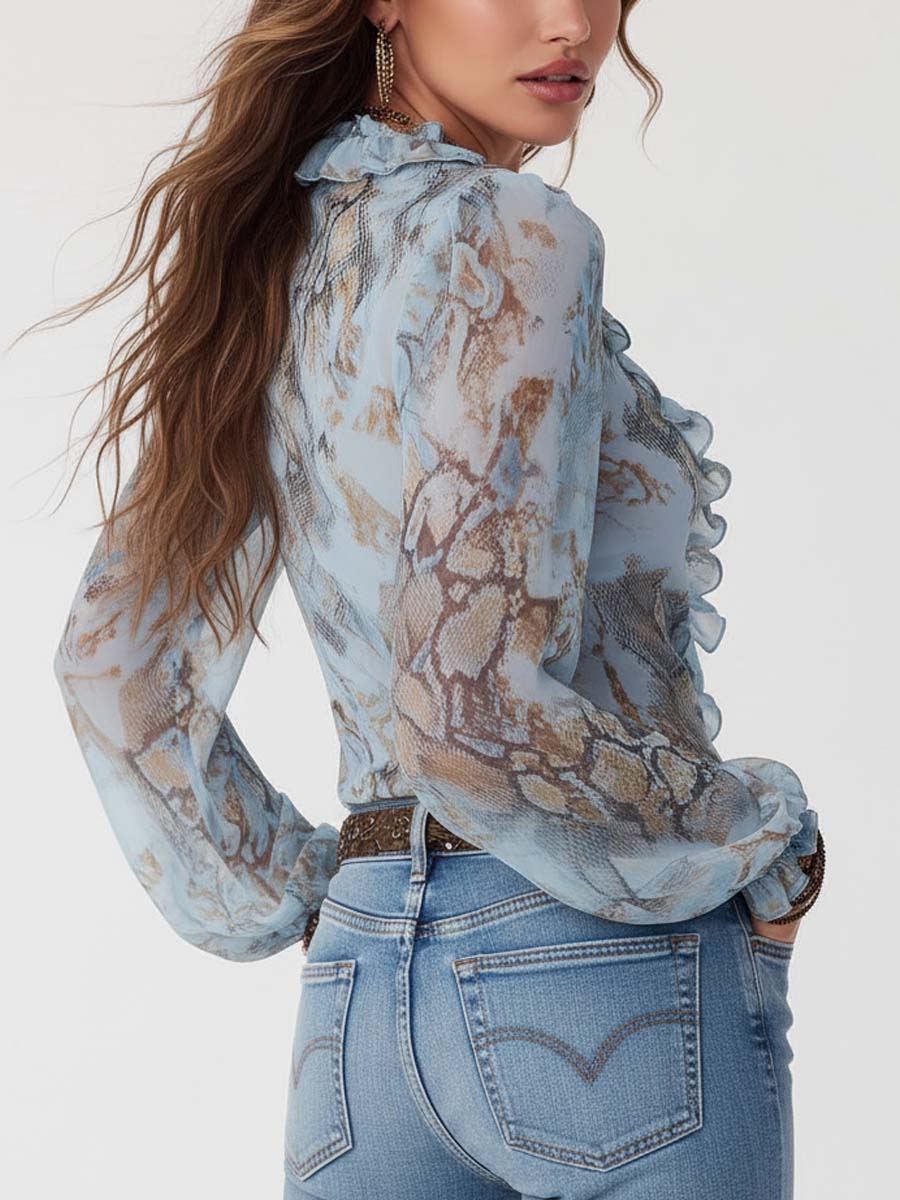 Blouse met Ruches en Rits Voorzijde in Blauw Bedrukte Stof